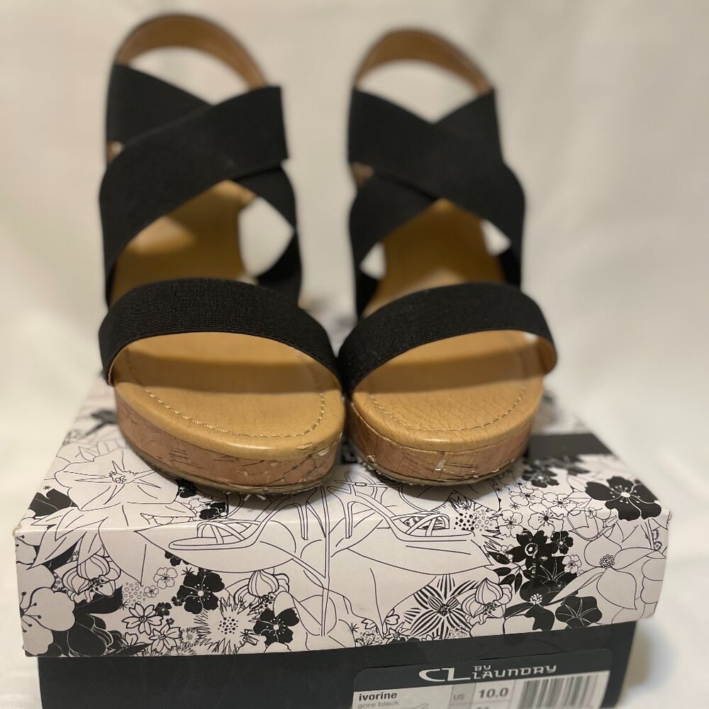 CL by Laundry Ivorine 4 inch Platform Wedge Sandals, Black, 10M
